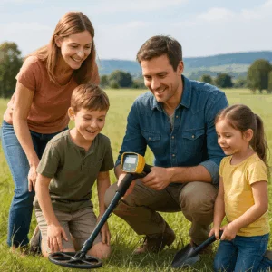 Schattenjacht met de familie met een metaaldetector.